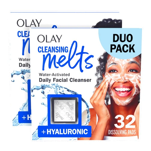 Olay Cleansing Melts + Hyaluronic Face Cleanser, 64 ct. total (2 x 32 ct.), Water-Activated Face Wash to Clean, Tone, and Refresh, Fragrance-Free