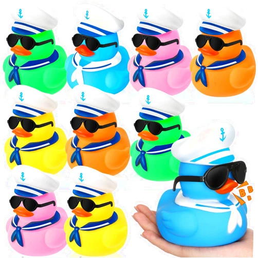 RoundFunny 10 Pcs 5 Inch Large Rubber Ducks with Sunglasses Cruise Rubber Duck Bulk Jumbo Duck Bath Toy Giant Squeaky Rubber Duckie for Summer Baby Shower Birthday Gift Swimming Pool(Colorful)
