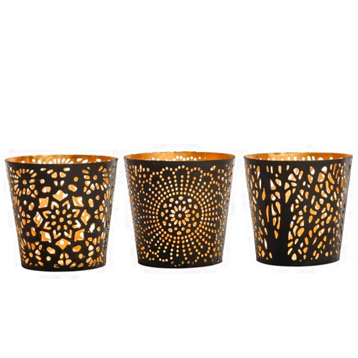 MarktSq Set of Three Uniquely Crafted Metal Votive & Tealight Candle Holders in Black and Gold
