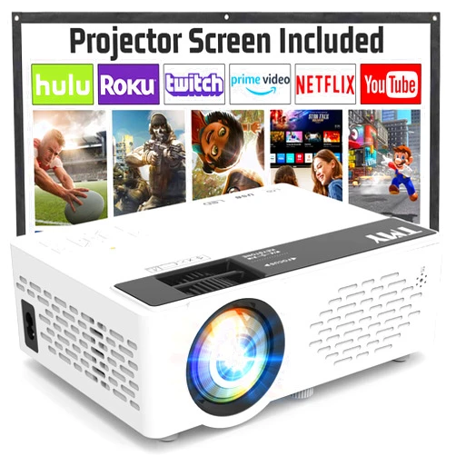 TMY Mini Projector, Upgraded Bluetooth Projector with Screen, 1080P Full HD Portable Projector, Movie Projector Compatible with TV Stick Smartphone/HDMI/USB, indoor & outdoor use