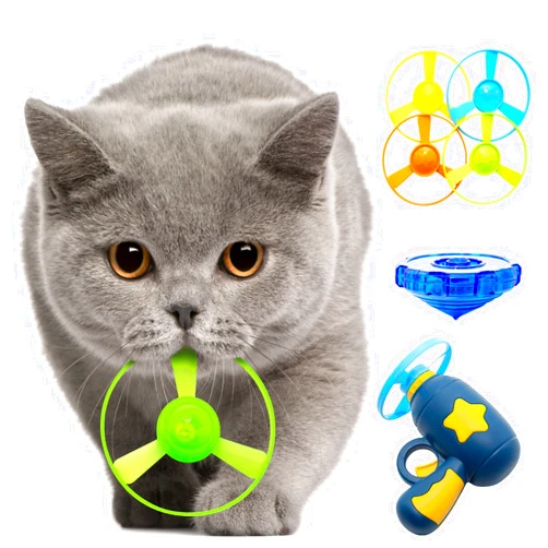 Jumbostone Cat Fetch Toy, Interactive Cat Flying Disc Toy with 1 Light Up Spinning Tops, 1 LED Flying Propellers and 4 Flying Propellers, Cat Track Toy for Cat Training Hunting Chasing (Dark Blue)