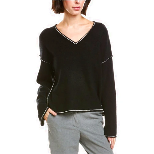 Vince Camuto Women's V-Neck with Contrast Crochet Stitch at Seam, Rich Black, X-Small