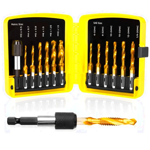 TOPEC Tap Bit Set, 3-in-1 HSS Titanium Coated Drill Tap Combination, 13 PCS SAE/Metric Threading tap Drill bit Set with 1/4 Inch Hex Shank, and Quick-Change Adapter