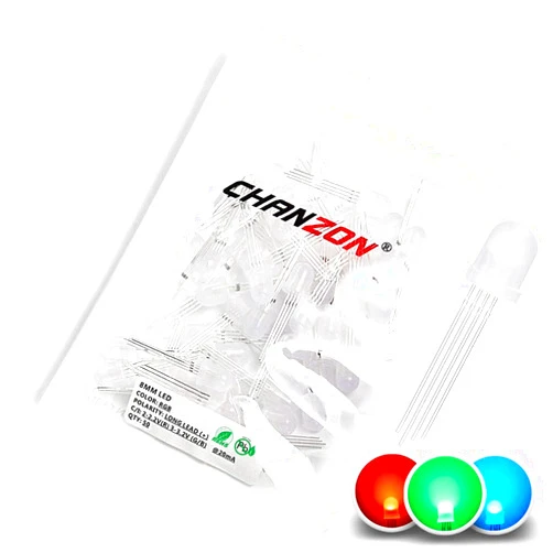 CHANZON 50 pcs 8mm RGB Multicolor Diffused LED Diode Lights Common Anode(Frosted Round 3 Color) 4 pin Bright Lighting Bulb Lamps Electronics Components Indicator Light Emitting Diodes