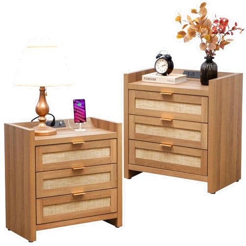 SICOTAS Rattan Night Stand Set of 2 - Tall Nightstands with Type-C Charging Station, 3 Rattan Storage Drawers, Larger Wood Bedside Table, Boho Bed Side End Table for Bedroom Sofa Couch Office - Oak