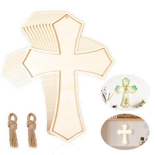 Beeveer 24 Pcs Unfinished Wooden Crosses for Crafts 8.9 x 6.5 Inch Unpainted Large Blank Wooden Layered Cross for Sunday School Crafts DIY Easter Projects Church Home Wall Decoration with String