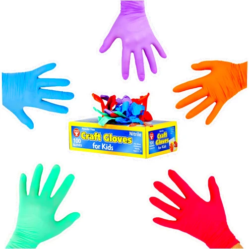 Hygloss Kids Disposable Gloves – 100 Nitrile (Latex-Free) Crafting Gloves for Cleaning, Baking, Gardening, Dishwashing, 5 Assorted Colors, Kid Size (1 Box of 100 Gloves)