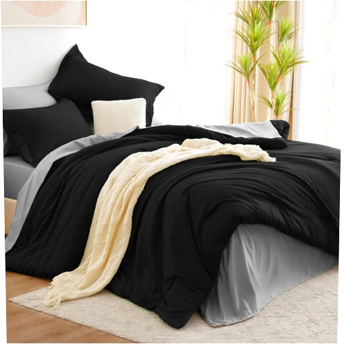 CozyLux Full Size Comforter Sets Black and Grey 7 Pieces Full Bedding Set with Comforter, Flat Sheets, Fitted Sheet, Pillowcases & Shams, Contrasting Design Boho Bed in a Bag Full for All Season