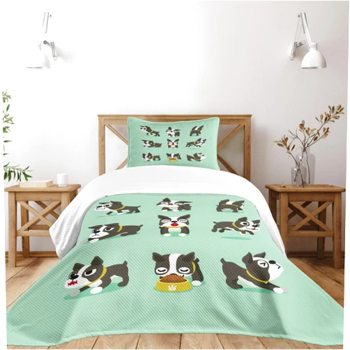 Ambesonne Boston Terrier Bedspread Set, Cartoon Character Minimalist Design of Playful Dog, 3 Piece Decorative Bedding Coverlet and 2 Pillow Shams, Twin Size, Charcoal Grey Mint Green