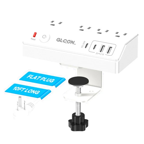 GLCON Desk Clamp Power Strip USB C - Charging Station for Multiple Devices - Multi Plug Outlet Extender - Desktop Mount Surge Protector with 4 Outlets 4 USB Ports for Phone, Tablet, Computer
