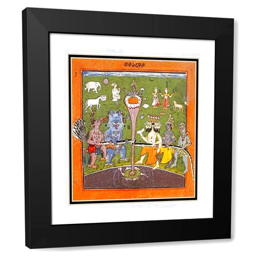 ArtDirect The Churning of The Milky Ocean 15x15 Black Modern Wood Framed with Double Matting Museum Art Print by Basohli