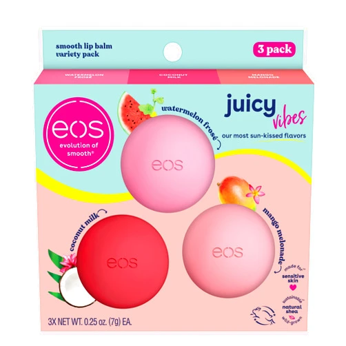 eos Juicy Vibes Lip Balm Variety Pack- Watermelon Frosé, Mango Melonade & Coconut Milk, All-Day Moisture Lip Care Products, 0.25 oz, 3-Pack