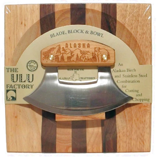 The ULU Factory Large Alaska Ulu Bowl Set Wildlife Collage Etched Handle