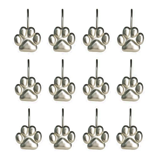 Sunlit Fashion Design Cute Paw Print Polished Shower Curtain Hooks for Dog Cat and Bear, Rust Proof Oil Rubbed Metal Shower Curtain Rings-12 Pack