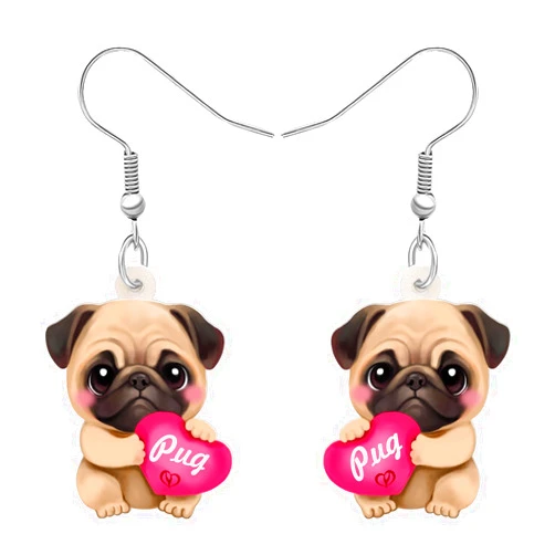 OUSIO Valentine's Day Acrylic Adorable Pug Dog Earrings Love Heart Puppy Dangle Jewelry For Women Pet Lovers Charms Holiday Gifts