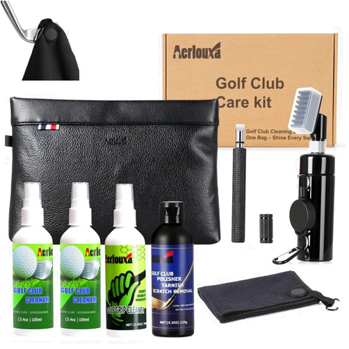 Aerlouxa 7-in-1 Golf Club Cleaning Kit - Club Cleaner, Grip Cleaner, Polish, Water-Spray Brush, Groove Cleaner, Magnetic Towel & Portable Bag | Restores Clubs, Removes Rust/Scratches, Renews Tackiness