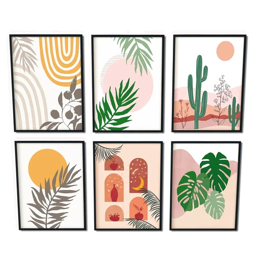 Huilida Boho Cactus Pictures Botanical Print - Mid Century Green Leaf Wall Art Unframed 8x10 Inches Bohemian Decoration Abstract Line Paper Poster Paintings Aesthetic Artwork For Bedroon Kitchen Office Decor