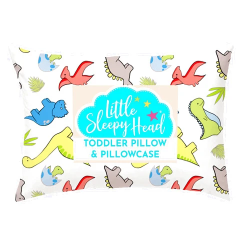 Little Sleepy Head Toddler Pillow with Pillowcase 13x18 - Kids Pillow for Sleeping - Better Neck Support Ergonomic Pillow and Toddler Pillowcase - Best Pillows for Kids (Dinosaurs White)
