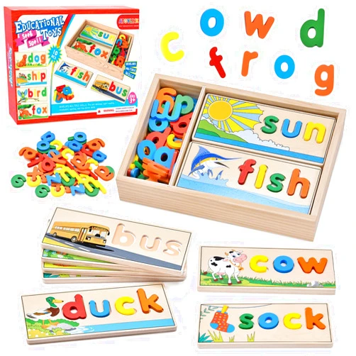 Atoylink Wooden Spell Learning Toys for 2 3 4 5 Year Old Kids Match Letter Spelling Game Board & Letters & Box, CVC Word Builder Toddler Educational Toy Kindergarten Preschool Learning Activities