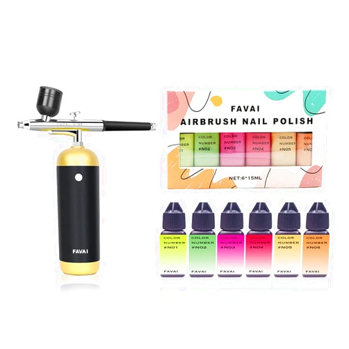FAVAI Airbrush Nail Arts Airbrushing System Kit with a Set of 6 Neon Colors Air Brush Gel Nail Polish Without Dilution Package Combo