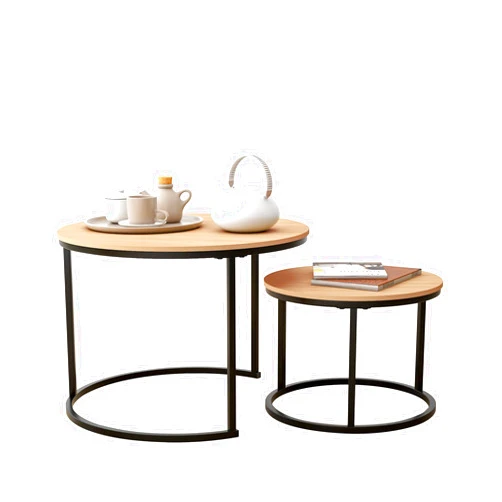 HOJINLINERO Industrial Round Coffee Table Set of 2 End Table for Living Room,Stacking Side Tables, Sturdy and Easy Assembly,Wood Look Accent Furniture with Metal Frame,Black+Teak OAKDK