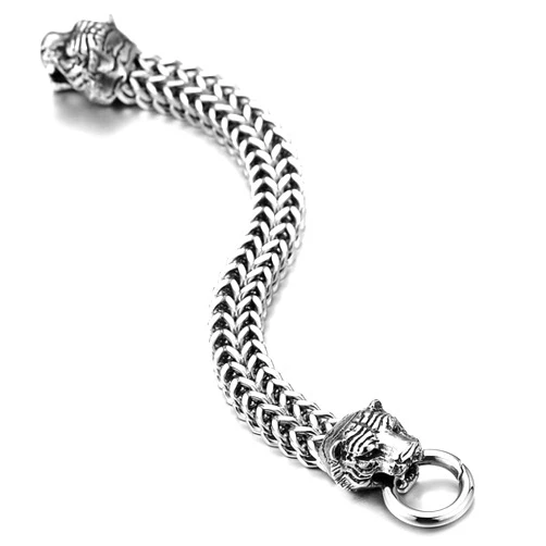 COOLSTEELANDBEYOND Mens Steel Franco Link Curb Chain Bracelet with Vintage Tiger Head Spring Ring Clasp 8.5 Inches