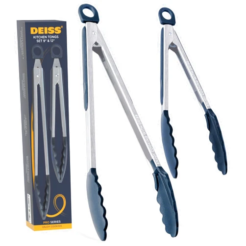 Deiss PRO Cooking Tongs with Silicone Tips - Kitchen Tongs for Cooking, BBQ, Air Fryer - Heat Resistant Silicone Tipped Tongs, Silicone Tongs for Nonstick Cookware - Pull Lock, Set of 2, 9'' and 12''