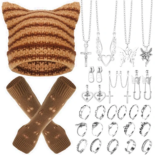 Sureio 25 Pcs Y2K Grunge Knitted Cat Beanie with Fairy Grunge Ripped Gloves Earrings Necklace Rings Devil Horn Accessories(Brown)