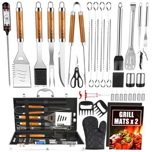Cifaisi BBQ Grill Utensils Set for Camping/Backyard, 38Pcs Stainless Steel Grill Tools Grilling Accessories with Barbecue Mats, Aluminum Case, Thermometer for Men Women