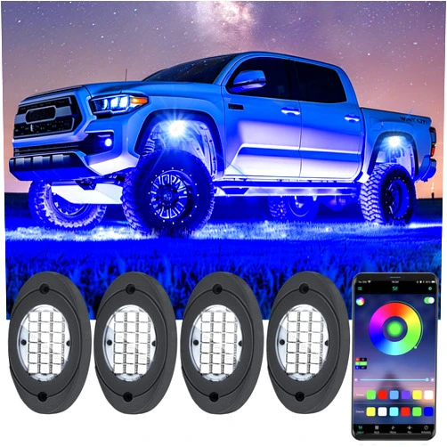 Fimker 4 Pods RGB LED Rock Lights, Underglow Multicolor Neon Light Kit Wheel Well Light with APP Control & Music Mode, Under Glow Lights for Trucks,Jeep,SUV,Golf Cart,ATV,Pickup Off Road,12 V