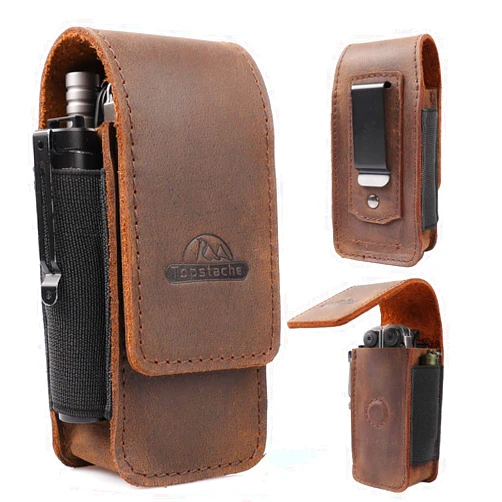 Topstache Multitool Sheath for Men - Belt Leather Multitool Holster - EDC Belt Organizer for Leatherman, Gerber - Magnetic Closure Multitool Pouch Fits Folding Tool, Darkbrown