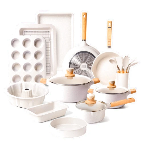 VONIKI Pots and Pans Set - Nonstick Kitchen Cookware + Bakeware Set Granite Kitchenware Set, Induction Cookware Sets with Frying Pan Stockpot Saucepan Basket Cookie Sheet and Baking Pans for Gift