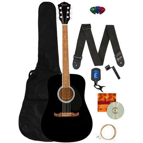 Fender Dreadnought Acoustic Guitar - Black Bundle with Gig Bag, Strap, Strings, String Winder, Picks, Fender Play Online Lessons, and Austin Bazaar Instructional DVD