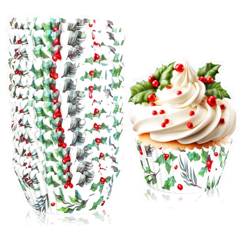 Whaline 300Pcs Christmas Cupcake Liners Holly Print Baking Cups Holders Watercolor Holly Jolly Cupcake Wrappers Red Green Berry Muffin Liners for Xmas Holiday Birthday Party Supplies
