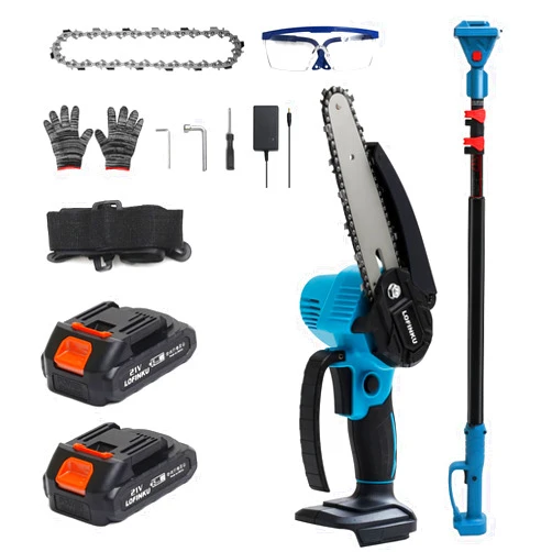 LOFINKU 2-in-1 Cordless Pole Saw & Mini Chainsaw with 2 Batteries for Tree Trimming Blue