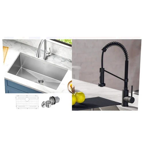 Kraus KHU100-32 Standart PRO 16 Gauge Undermount Single Bowl 32 Inch & KPF-1610MB Bolden 18-Inch Commercial Kitchen Faucet with Dual Function Pull-Down Sprayhead, 18 inch, Matte Black