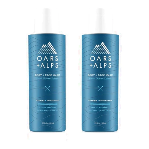 Oars + Alps Mens Moisturizing Body and Face Wash, Skin Care Infused with Vitamin E and Antioxidants, Sulfate Free, Fresh Ocean Splash, Travel Size 3.4oz, 2 Pack