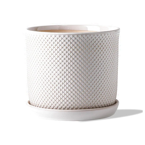 Chubacoo 8 Inch Plant Pots: Ceramic Planter Pot with Drainage Hole & Saucer - Planters for Indoor/Outdoor Plants - Flower Pot with Bonded Tray for Home/Office - Beaded Embossed Style, Cream White