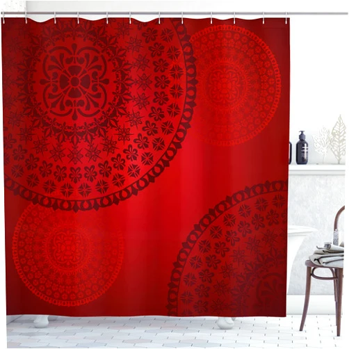 Lunarable Burgundy Shower Curtain, Old Fashioned Floral Oriental Round Mandala Motifs Traditional Design, Cloth Fabric Bathroom Decor Set with Hooks, 69