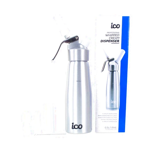 Impeccable Culinary Objects (ICO) ICO Professional Aluminum Whipped Cream Dispenser for Homemade Whipping Cream, Desserts, Dips, Sauces, and Infused Liquors, Whipped Cream Maker for use with Whip Cream Charger, Silver, 1-Pint