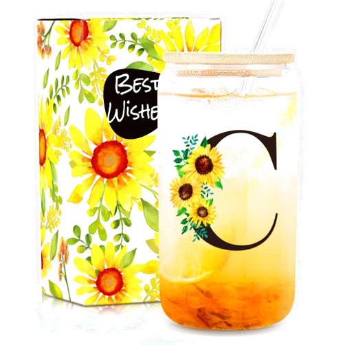 Frerdui Birthday Gifts for Women, Initial Glass Cups W Lids and Straws, Sunflower Gifts for Women, Personalized Gifts, 16oz Glass Tumbler Cups W/Straw Lid, Monogrammed Gifts, Birthday Gifts for Her Mom -C