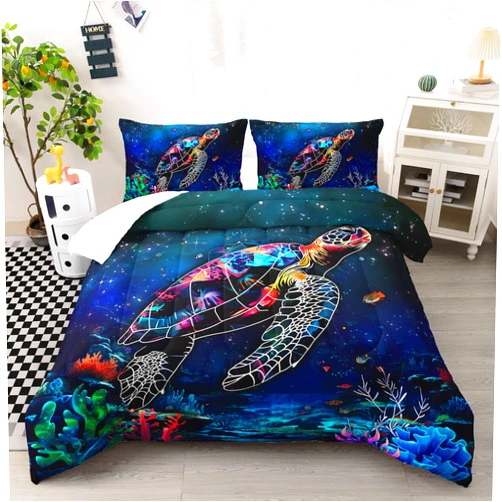 Ntlfup Turtle Comforter Set Twin Size, Ocean Beach Turtle Bedding Set for Kids Teens, Ocean Animals Comforter Fish Coral Bed Set