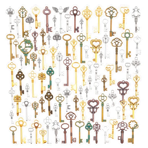 Julie Wang 50 PCS Vintage Skeleton Key Set Charms Mixed Antique Bronze Gold Silver Color Keys Pendant DIY Jewelry Making Crafts Accessory