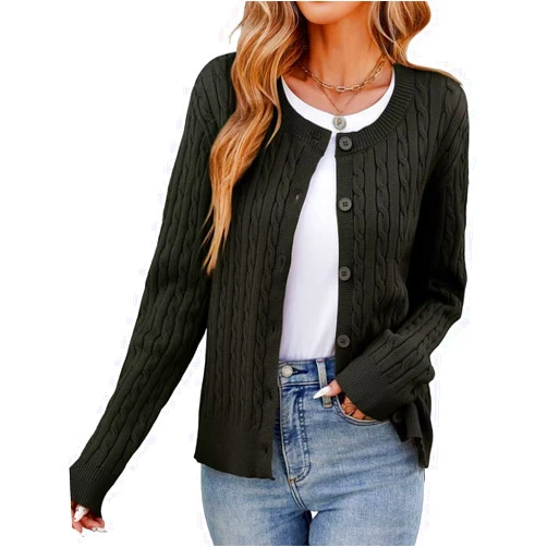 LEEDYA Women's Long Sleeve Cable Knit Cardigan Crewneck Button Down Casual Sweater Open Front Cropped Jacket Tops