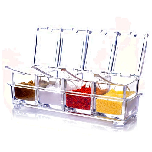 ME.FAN Clear Seasoning Rack Spice Pots - 4 Piece Acrylic Seasoning Box - Storage Container Condiment Jars - Cruet with Cover and Spoon