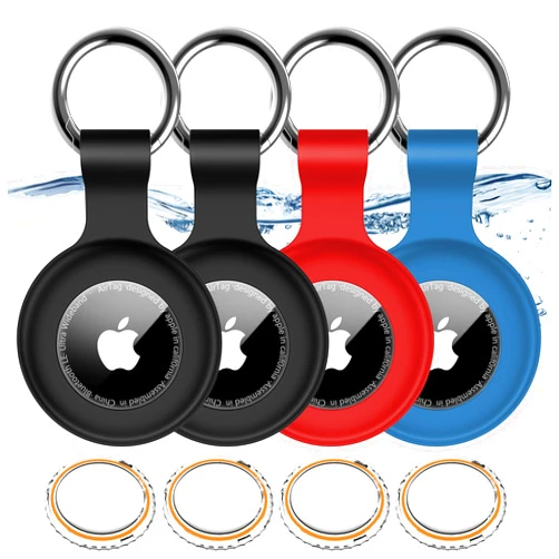 Hitfine 4 Pack,IPX8 Waterproof Airtag Holder for Apple Air Tags with Air Tag Keychain,Shockproof GPS Cases [Anti-Scratch] [PC+Silicone] Air-Tag Item Finders Cover,Lovely Air Tags Cover,Black/Black/Red/Blue