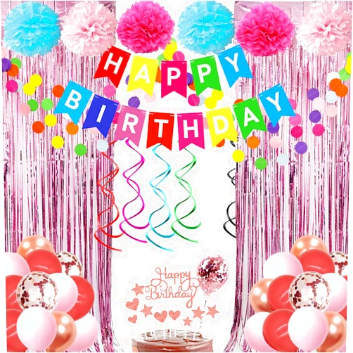 Coaroly Rose Gold Birthday Party Decorations for Women with Happy Birthday Banner,Curtains, ,Confetti Balloons,Circle Dots Garland,Tissue Pompoms,Birthday for Girls Women Party Supplies