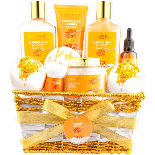 LOVERY Gift Basket for Women - 10 Pc Almond Milk & Honey Beauty & Personal Care Set - Home Bath Pampering Package for Relaxing - Spa Self Care Kit - Thank You, Birthday, Mom, Anniversary Gift