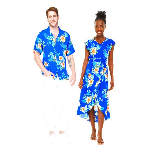 Hawaii Hangover Matchable Couple Hawaiian Luau Shirt or Wrap Ruffle Dress in Hibiscus Blue