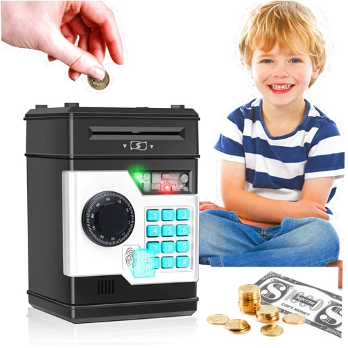 Foyucool Piggy Bank for Kids, Cash Coin Can ATM Bank with Music and Fingerprint Unlocking Simulation, Electronic Coin Money Bank Gifts Toy for Kids Boys Girls, Black
